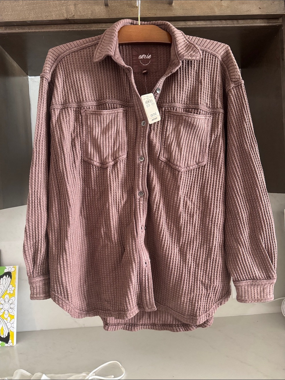 Aerie Dusty Mauve Waffle Knit Button-Up Jacket